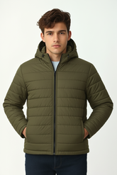 Removable Hood Puffer Jacket - olive